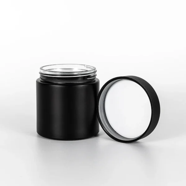 8oz straight-sided matte black glass jar with child-safe lid.