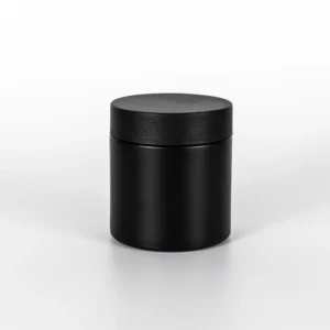 8oz straight-sided matte black glass jar with child-safe lid.