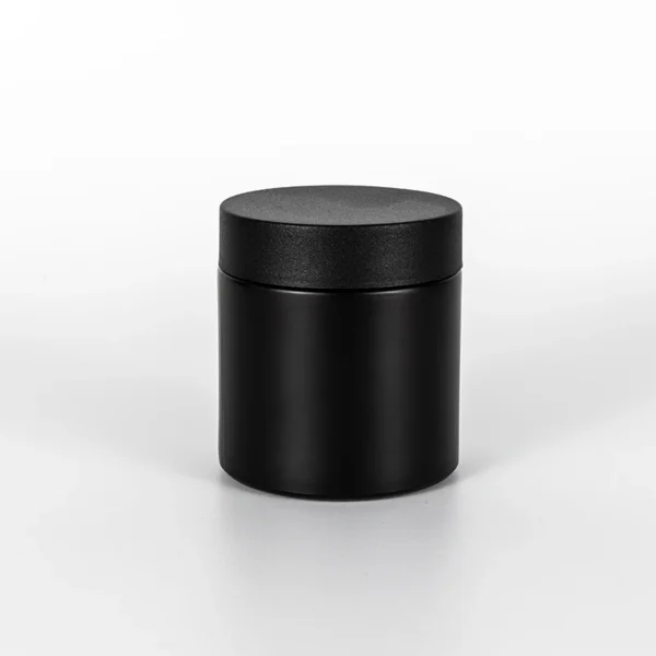 8oz straight-sided matte black glass jar with child-safe lid.