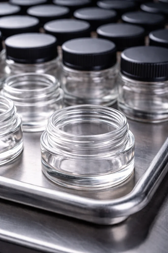 Empty glass concentrate jars used for professional packaging and how to store cannabis concentrate