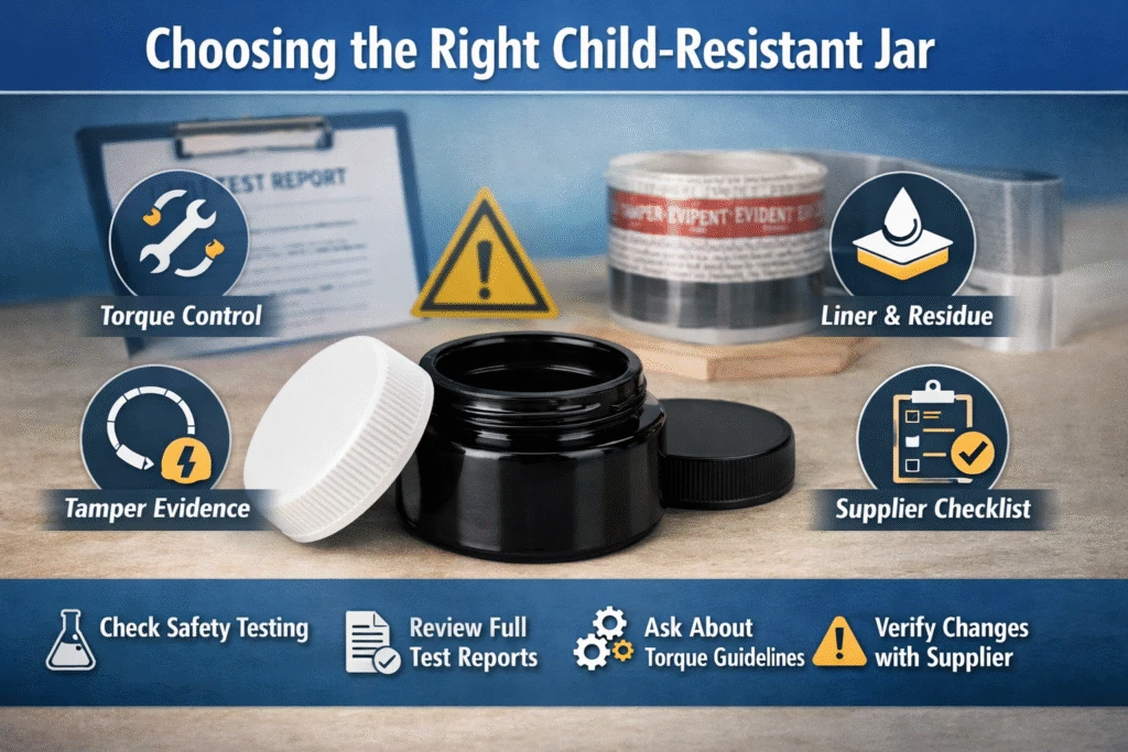Child-Resistant jar compliance guide showing torque control, tamper evidence, liner selection, and supplier checklist