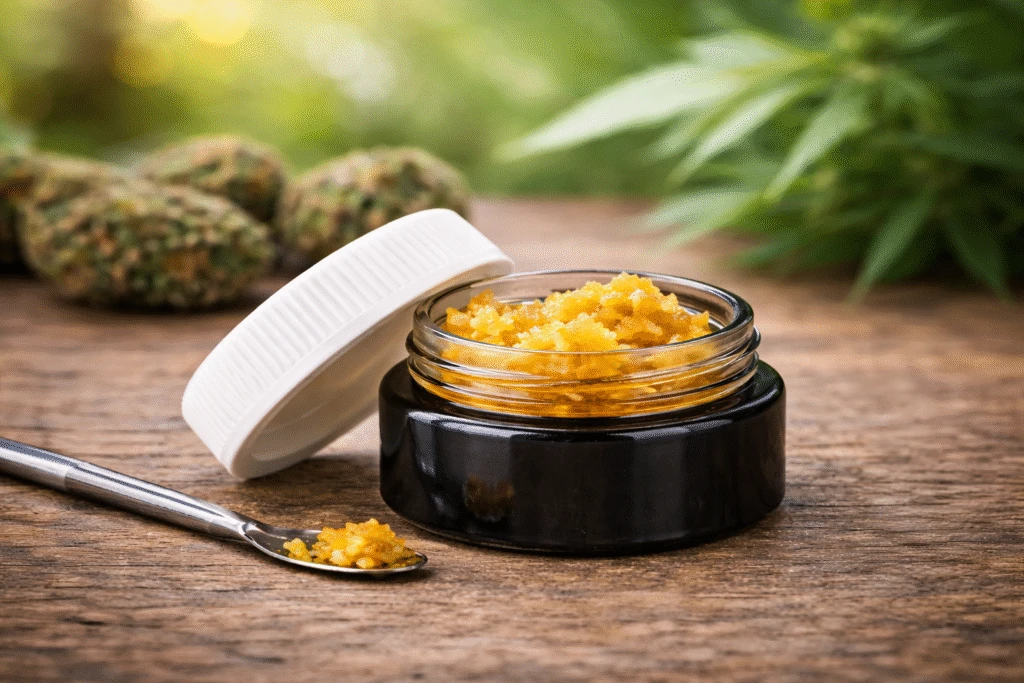 Child-Resistant jar filled with cannabis concentrate, shown with secure cap design and glass storage