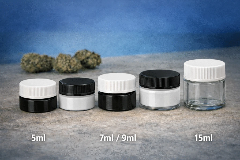 Different sizes of Child-Resistant jar glass containers for concentrate packaging, including 5ml, 7ml, 9ml, and 15ml