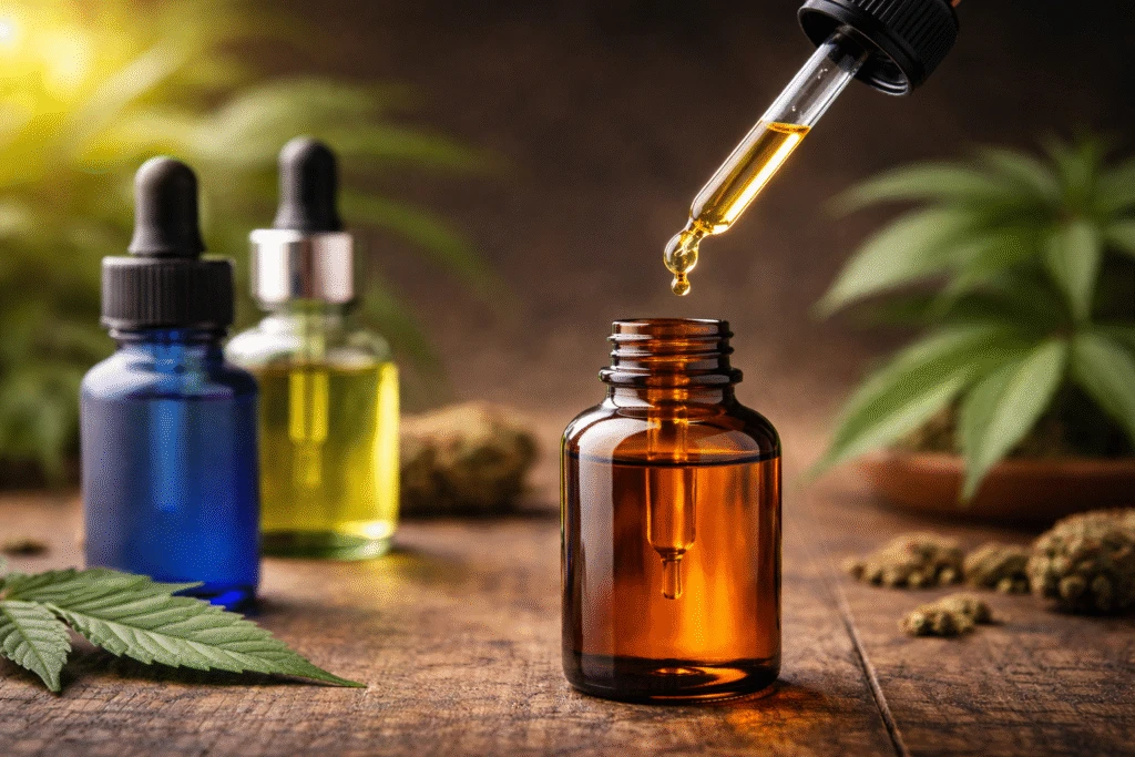 THC Oil Bottle Selection Guide: Dropper vs Threaded Cap vs Crimp Seal 4 THC Oil Bottle with dropper cap showing precise oil dosing from glass pipette