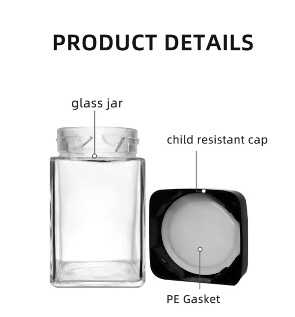 Square Clear 4oz Glass Marijuana Jar With Black Child Resistant Cap 10 Square Clear 4oz Glass Marijuana Jar With Black Child Resistant Cap