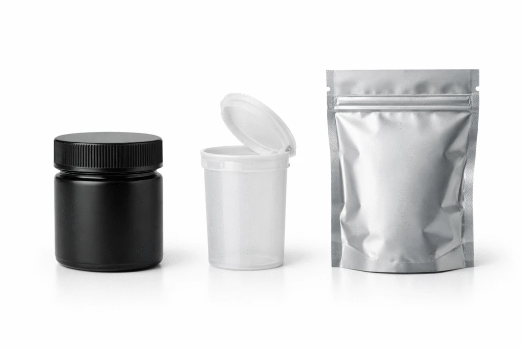 Comparison of cannabis flower packaging materials including glass jars, plastic containers, and sealed pouches for freshness and compliance.