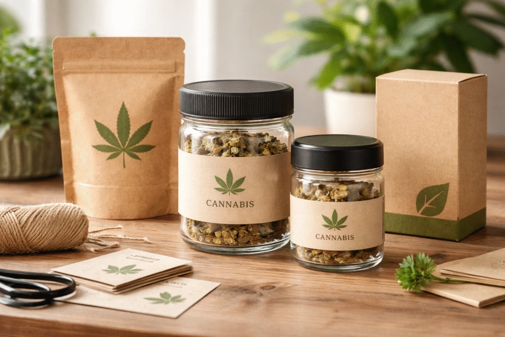 Sustainable Cannabis Packaging: A Complete Guide 6 Sustainable cannabis packaging featuring reusable glass jars and eco-friendly branding materials.