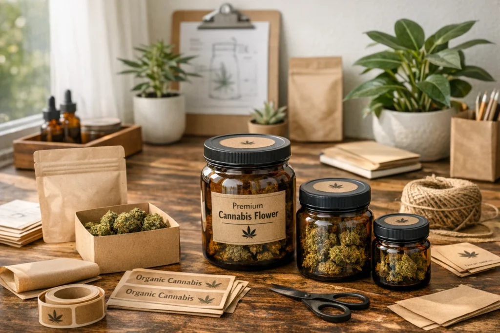 Sustainable Cannabis Packaging: A Complete Guide 4 Sustainable cannabis packaging displayed with glass jars and eco-friendly branding elements.
