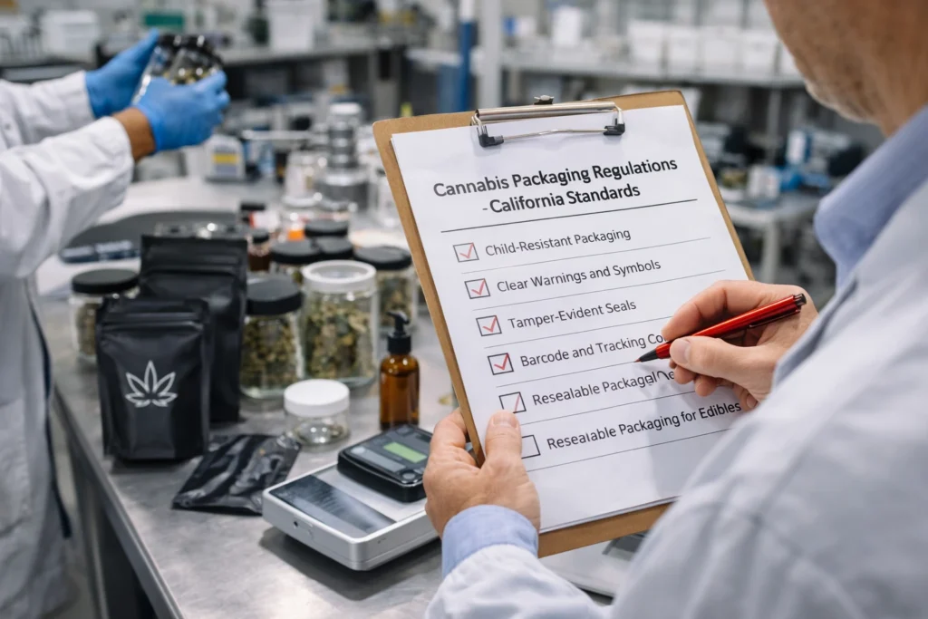 Compliance inspector reviewing Cannabis Packaging regulations and California cannabis packaging requirements during a packaging audit.