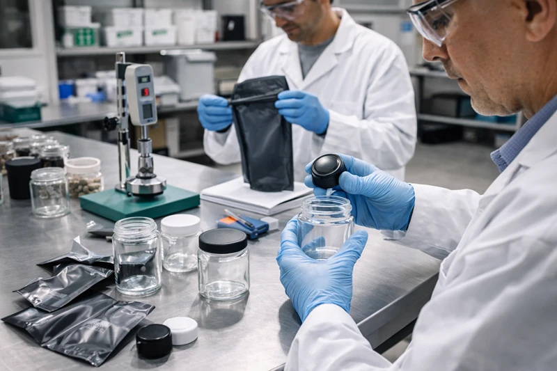 Why Do Cannabis Products Require Child-Resistant Packaging? 5 Technicians testing child-resistant cannabis packaging to meet safety and compliance requirements.
