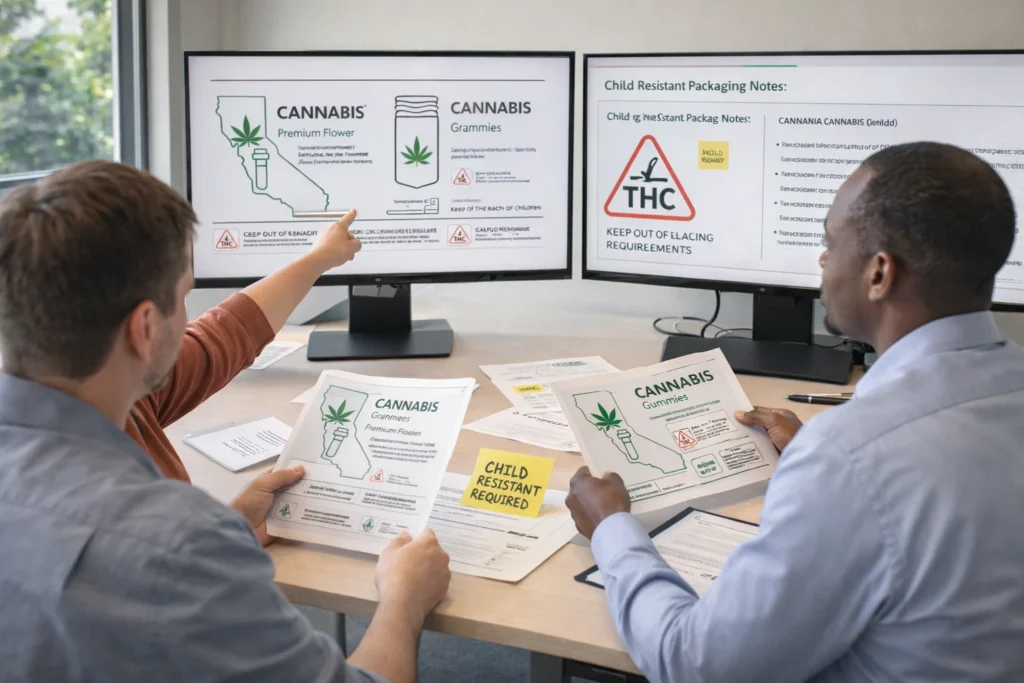 Compliance team reviewing Cannabis Packaging regulations and California cannabis packaging requirements during label approval.