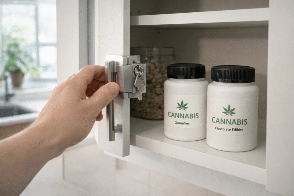 Why Do Cannabis Products Require Child-Resistant Packaging? 6 Safe home storage example of child-resistant cannabis packaging for edibles kept in a locked cabinet.