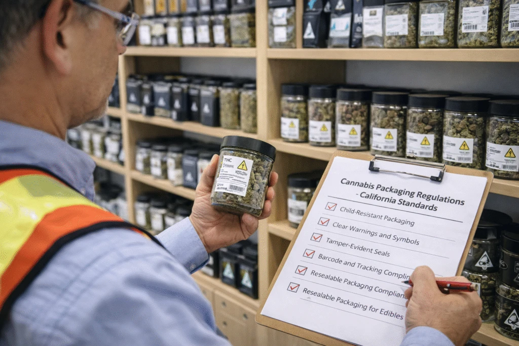 Retail inspection showing Cannabis Packaging regulations and California cannabis packaging requirements applied in a dispensary.