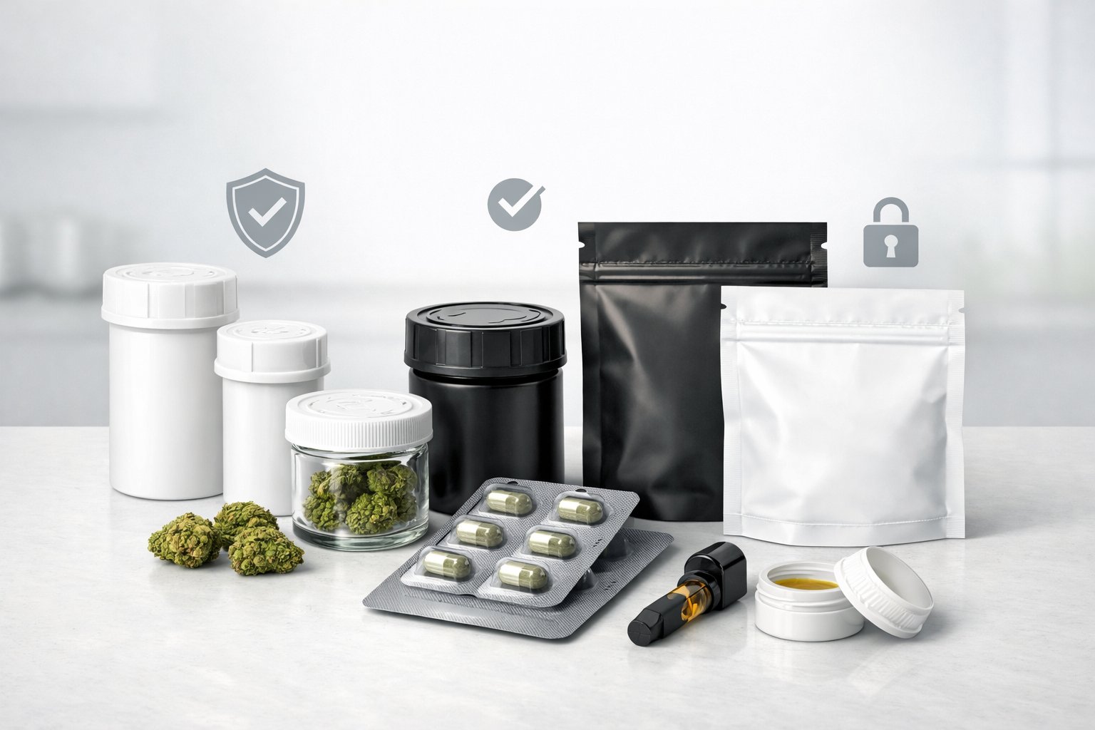 Child-Resistant Cannabis Packaging: ASTM Standards & Certification Guide 2026 1 Various child-resistant cannabis packages with secure lids and seals arranged neatly on a clean surface, illustrating safety and compliance.
