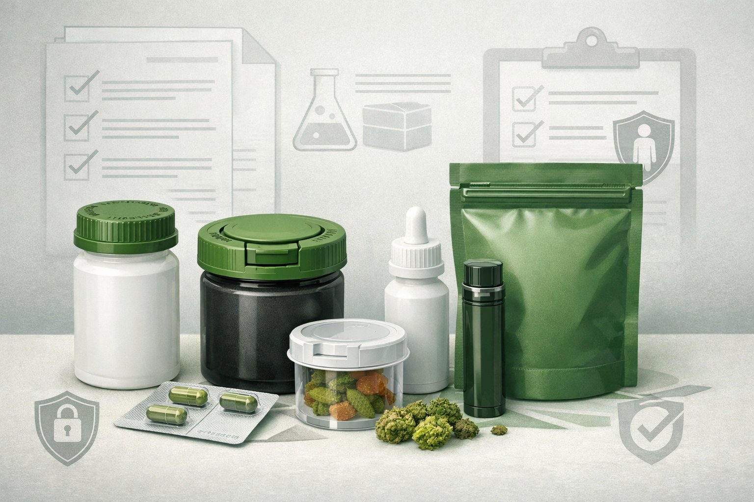 Child-Resistant Cannabis Packaging: ASTM Standards & Certification Guide 2026 2 Various child-resistant cannabis packaging containers with safety features displayed alongside faint outlines of regulatory documents and checklists.