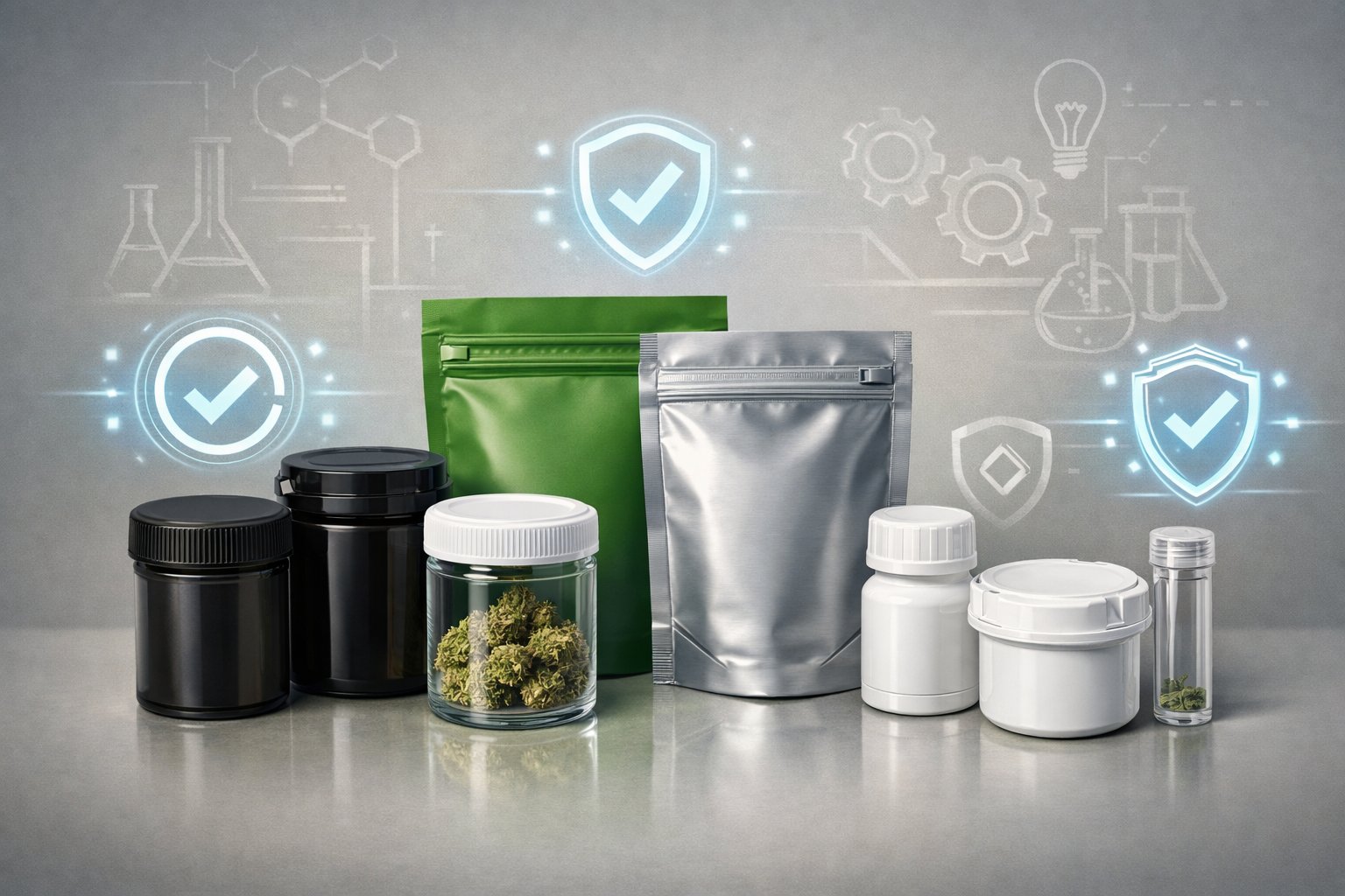 Child-Resistant Cannabis Packaging: ASTM Standards & Certification Guide 2026 3 Various child-resistant cannabis packaging types displayed alongside icons representing safety certification and innovation.