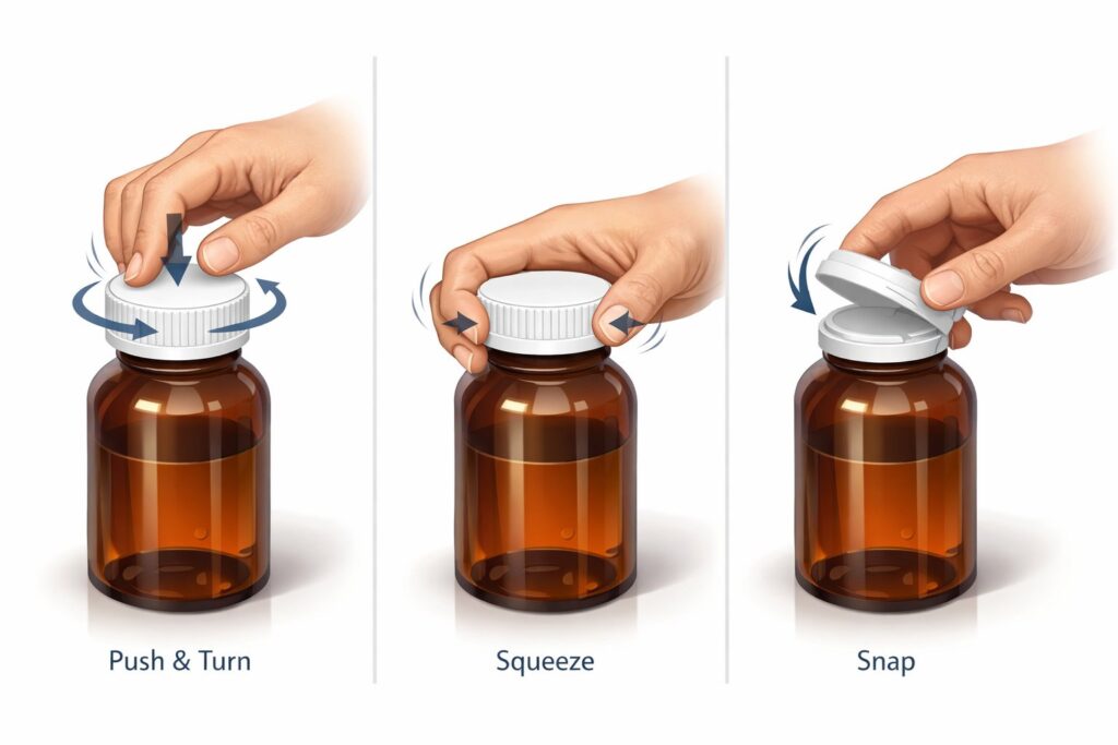 Three medicine bottles each showing a different child-resistant cap being opened: one with a hand pushing and turning the cap, one with a hand squeezing the cap, and one with a hand snapping the cap open.