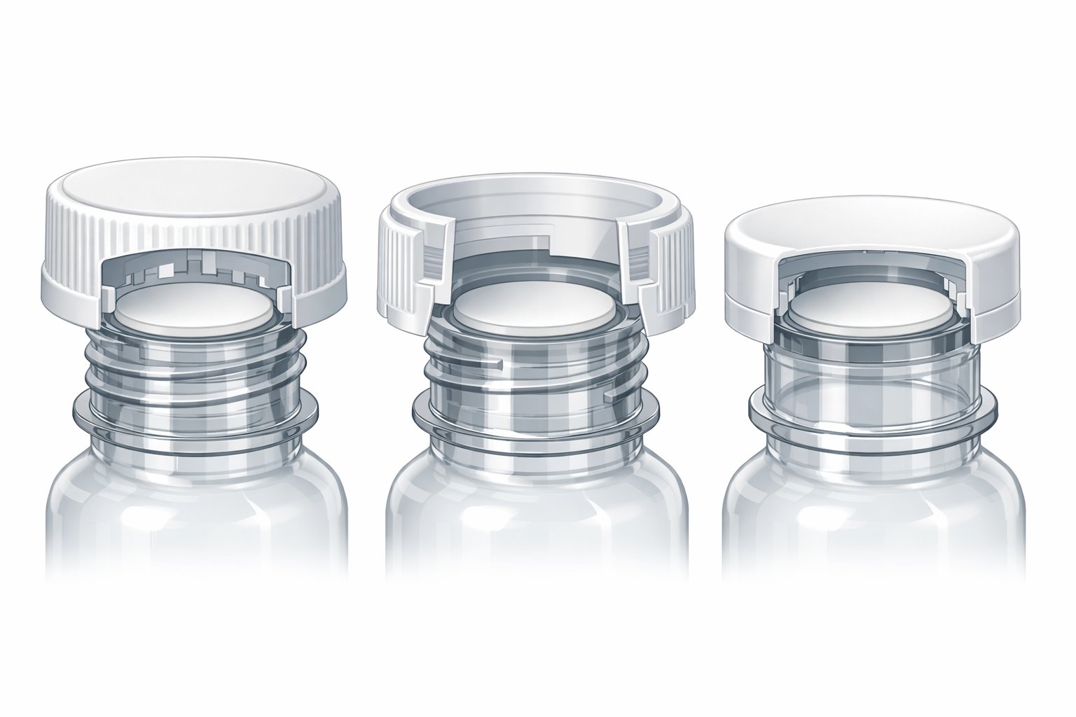 Child-Resistant Caps Explained: Push & Turn vs Squeeze vs Snap Types 2 Three different child-resistant caps shown side by side with transparent views revealing internal threads, liners, and locking mechanisms on bottle necks.