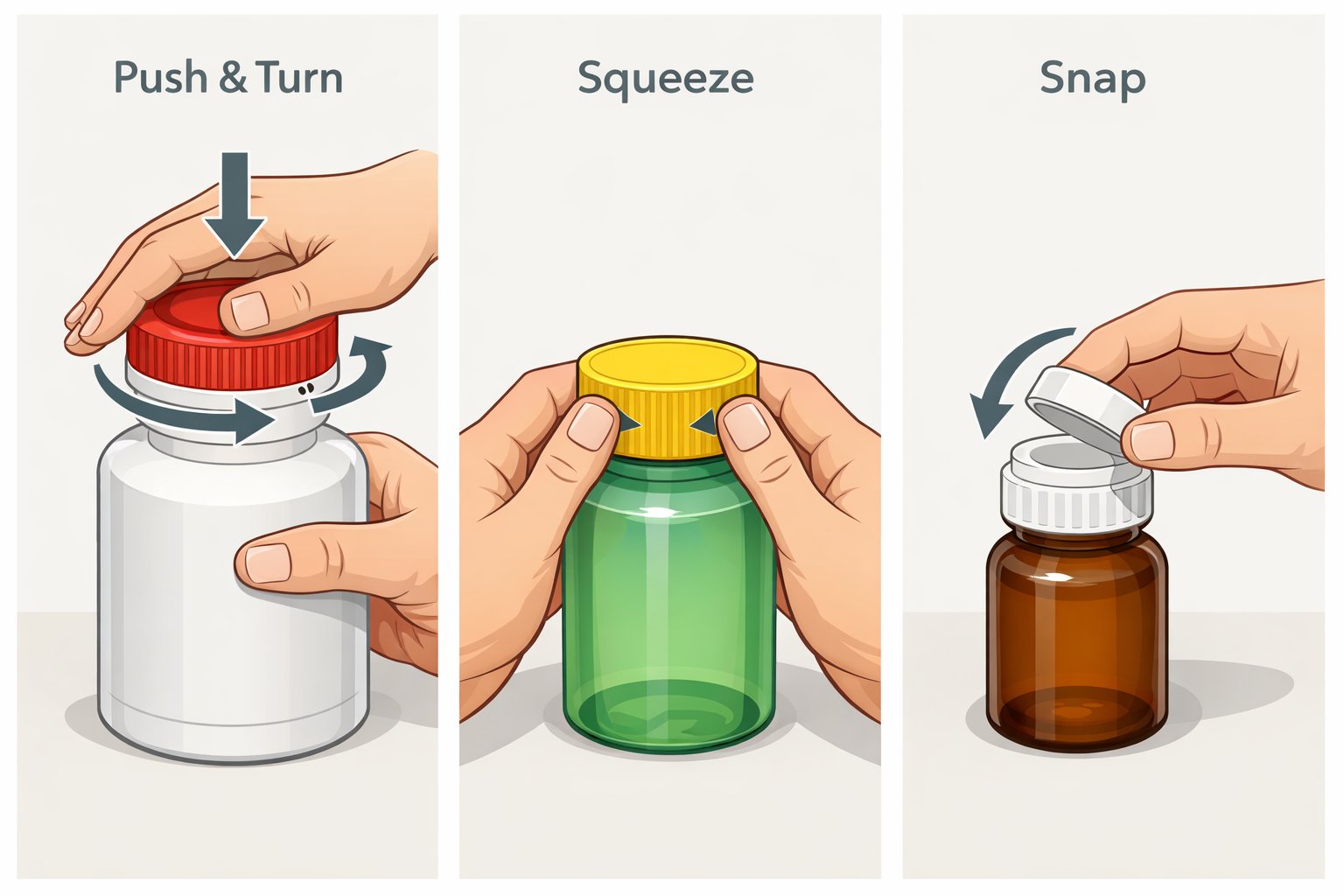 Child-Resistant Caps Explained: Push & Turn vs Squeeze vs Snap Types 3 Three bottles with different child-resistant caps being opened by hands using push and turn, squeeze, and snap motions.