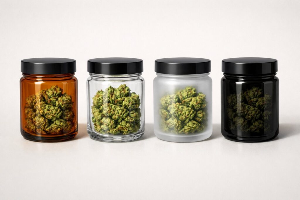 Four cannabis glass containers side by side showing different glass colors: amber, clear, frosted, and black, each filled with cannabis buds.