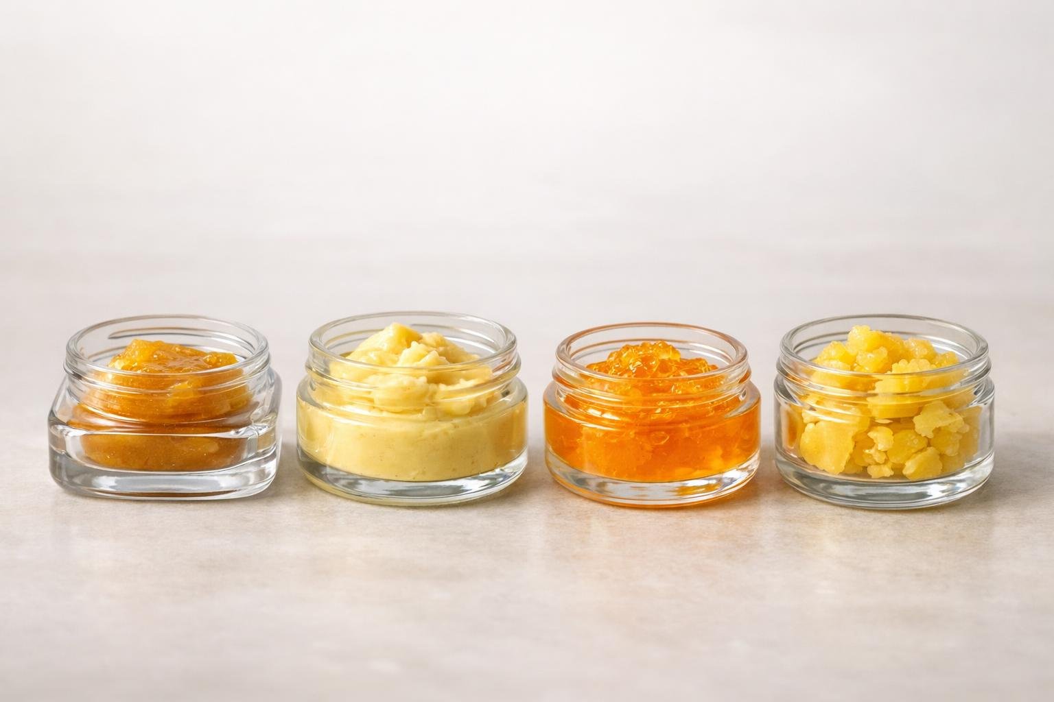 Rosin, Badder, Live Resin & Wax: Which Jar Is Best? 2 Four different glass jars containing rosin, badder, live resin, and wax concentrates arranged side by side on a plain surface.