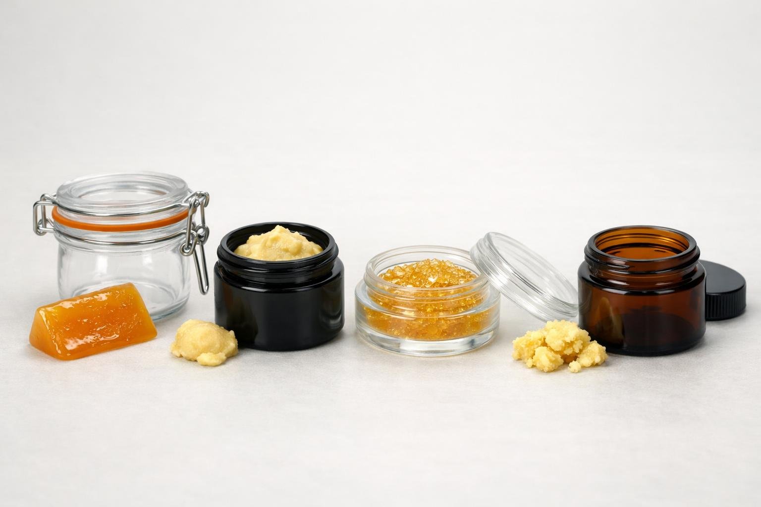 Rosin, Badder, Live Resin & Wax: Which Jar Is Best? 3 Four different cannabis concentrates—rosin, badder, live resin, and wax—each shown with their unique textures inside various types of glass jars designed for storage and freshness.