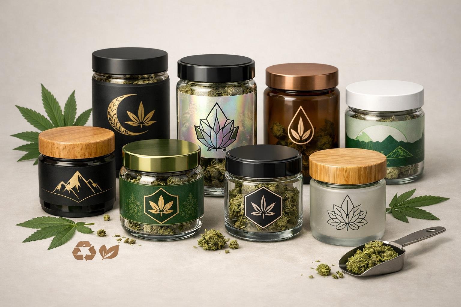 Custom Branded Cannabis Jar Guide: Packaging, Design & Compliance 1 Several cannabis jars with different branded labels arranged neatly on a neutral background with cannabis leaves and measuring tools nearby.