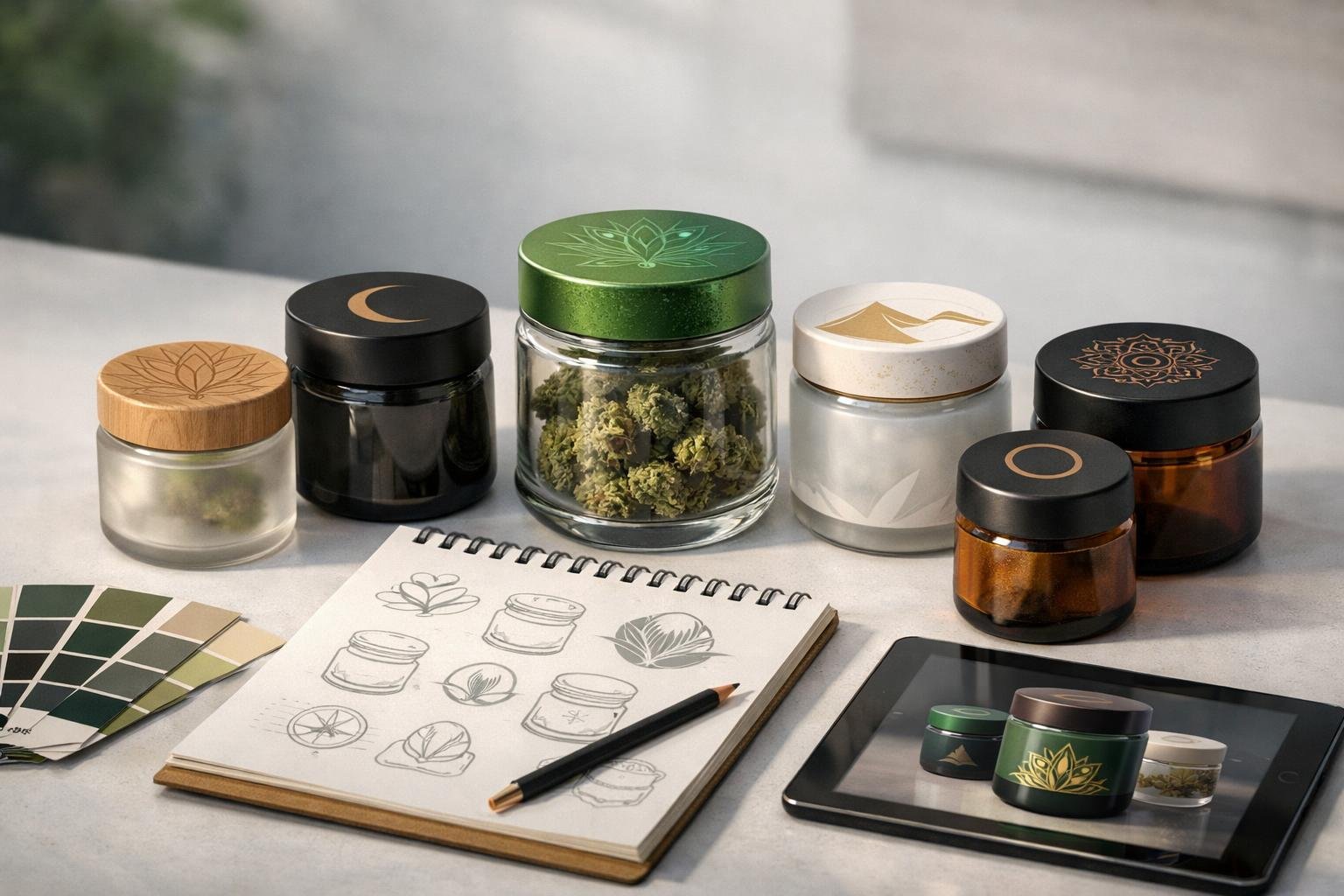 Custom Branded Cannabis Jar Guide: Packaging, Design & Compliance 2 Several custom branded cannabis jars displayed on a surface with design tools nearby, showcasing different jar shapes and branding styles.