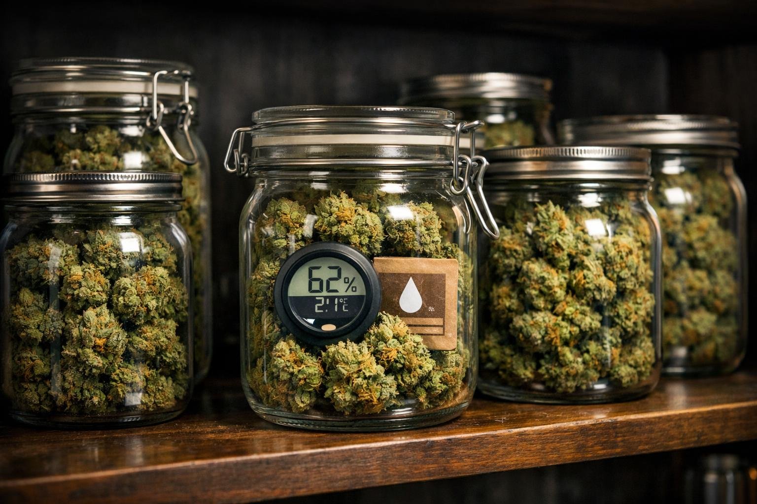 How to Store Cannabis Flowers Long-Term in Glass Jars: A Complete Guide 1 Glass jars filled with cannabis flowers arranged on a wooden shelf with a humidity control pack inside one jar.