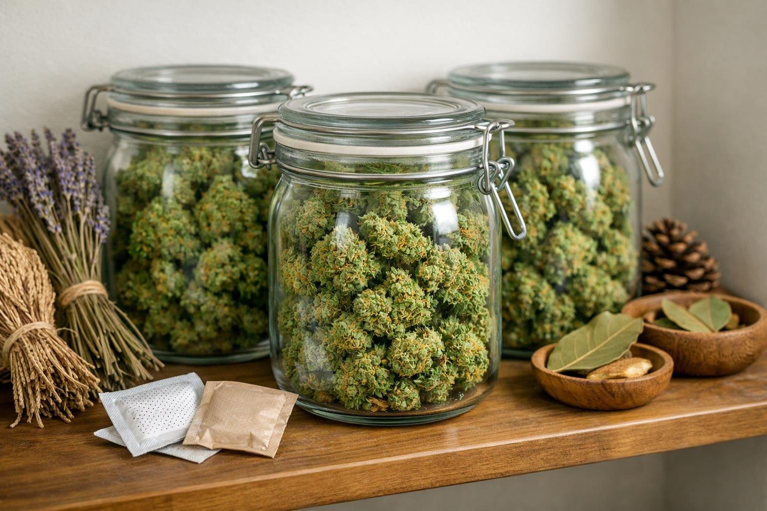 How to Store Cannabis Flowers Long-Term in Glass Jars: A Complete Guide 2 Glass jars filled with cannabis flowers arranged neatly on a wooden shelf with natural lighting.