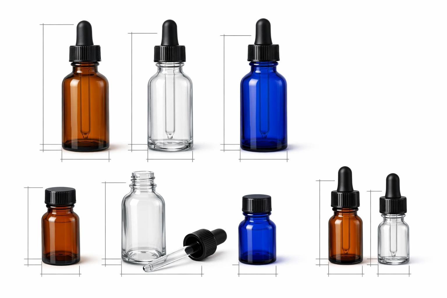 Various glass cannabis tincture bottles of different shapes and colors displayed with measurement lines showing their dimensions.