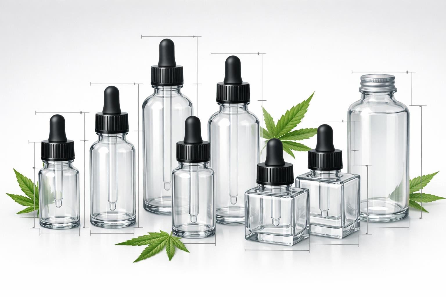 A collection of different glass tincture bottles with varying shapes and sizes, displayed alongside subtle measurement indicators and cannabis leaves.