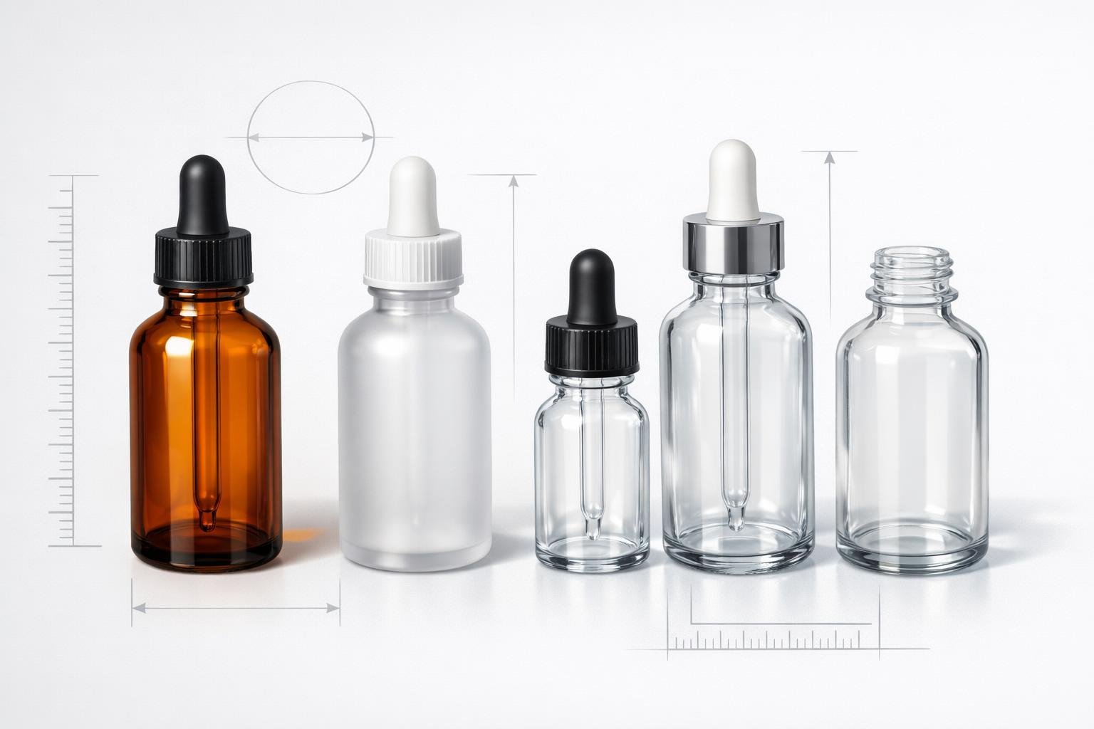Several cannabis tincture bottles made of different types of glass arranged with measurement indicators on a light background.