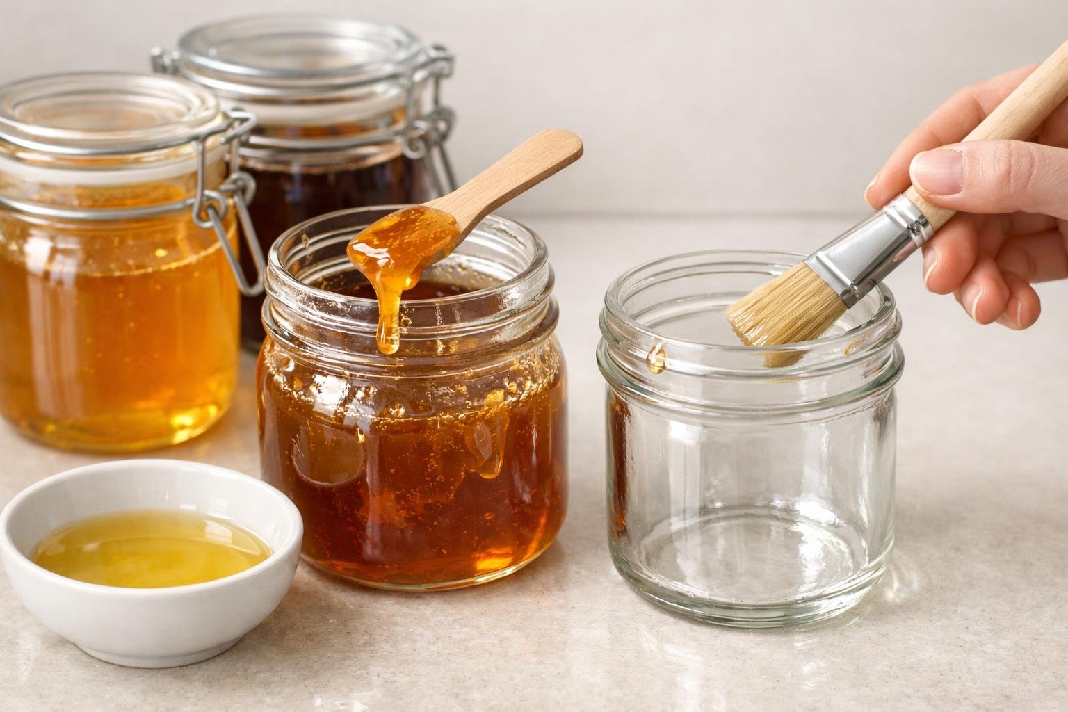 How to Prevent Concentrates From Sticking to Glass Jars: Expert Storage Guide 1 Glass jars on a countertop with sticky concentrates inside, showing a spatula lifting concentrate and oil being applied inside a jar to prevent sticking.