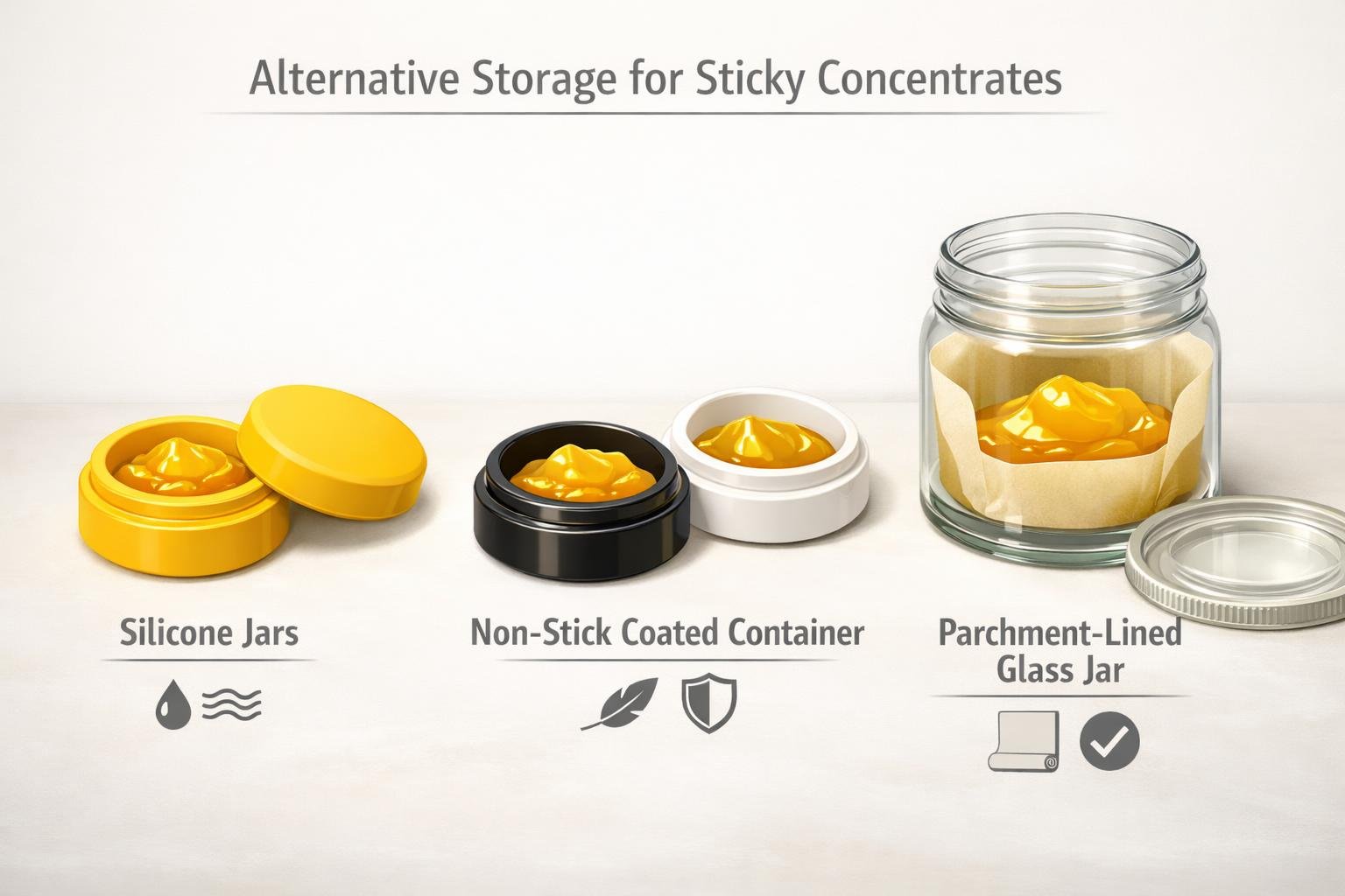 How to Prevent Concentrates From Sticking to Glass Jars: Expert Storage Guide 3 Several types of storage containers for sticky concentrates, including silicone jars and parchment paper-lined glass jars, arranged neatly on a surface.