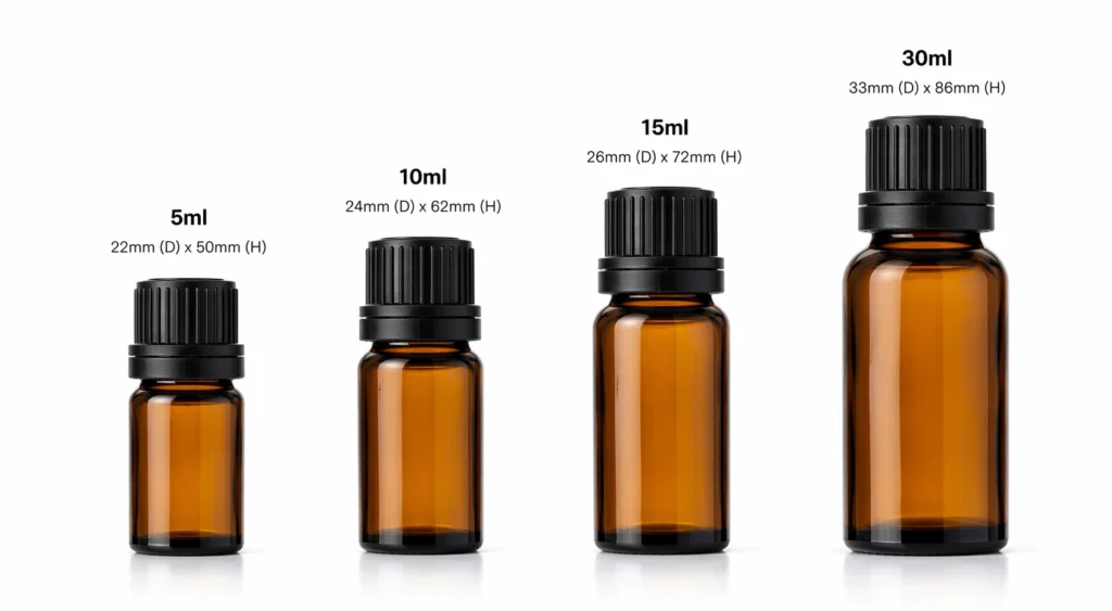 The Complete Guide to Essential Oil Bottles 5 Size comparison of 5ml 10ml 15ml and 30ml essential oil bottles