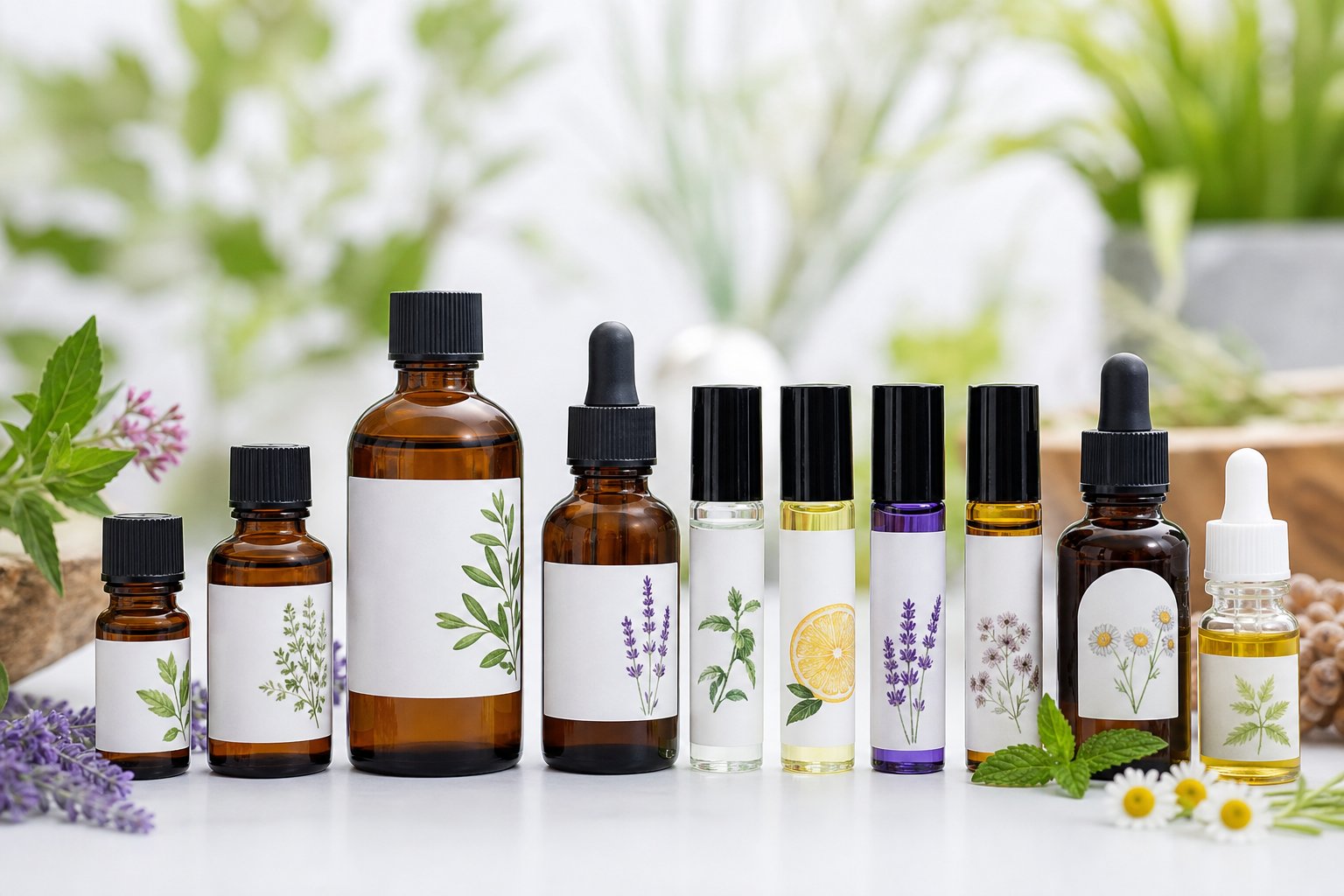 Essential Oil Bottle Sizes: Guide to Uses, Quality, and Market Trends 2 A collection of essential oil bottles of various sizes arranged on a white surface with blurred green plants in the background.