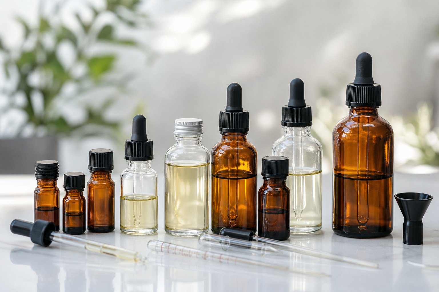 Essential Oil Bottle Sizes: Guide to Uses, Quality, and Market Trends 3 Various essential oil bottles of different sizes arranged on a white surface with measuring tools nearby.