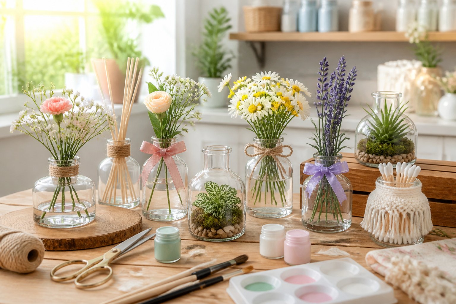 A collection of empty glass bottles repurposed as flower vases and plant containers on a wooden table in a bright room.