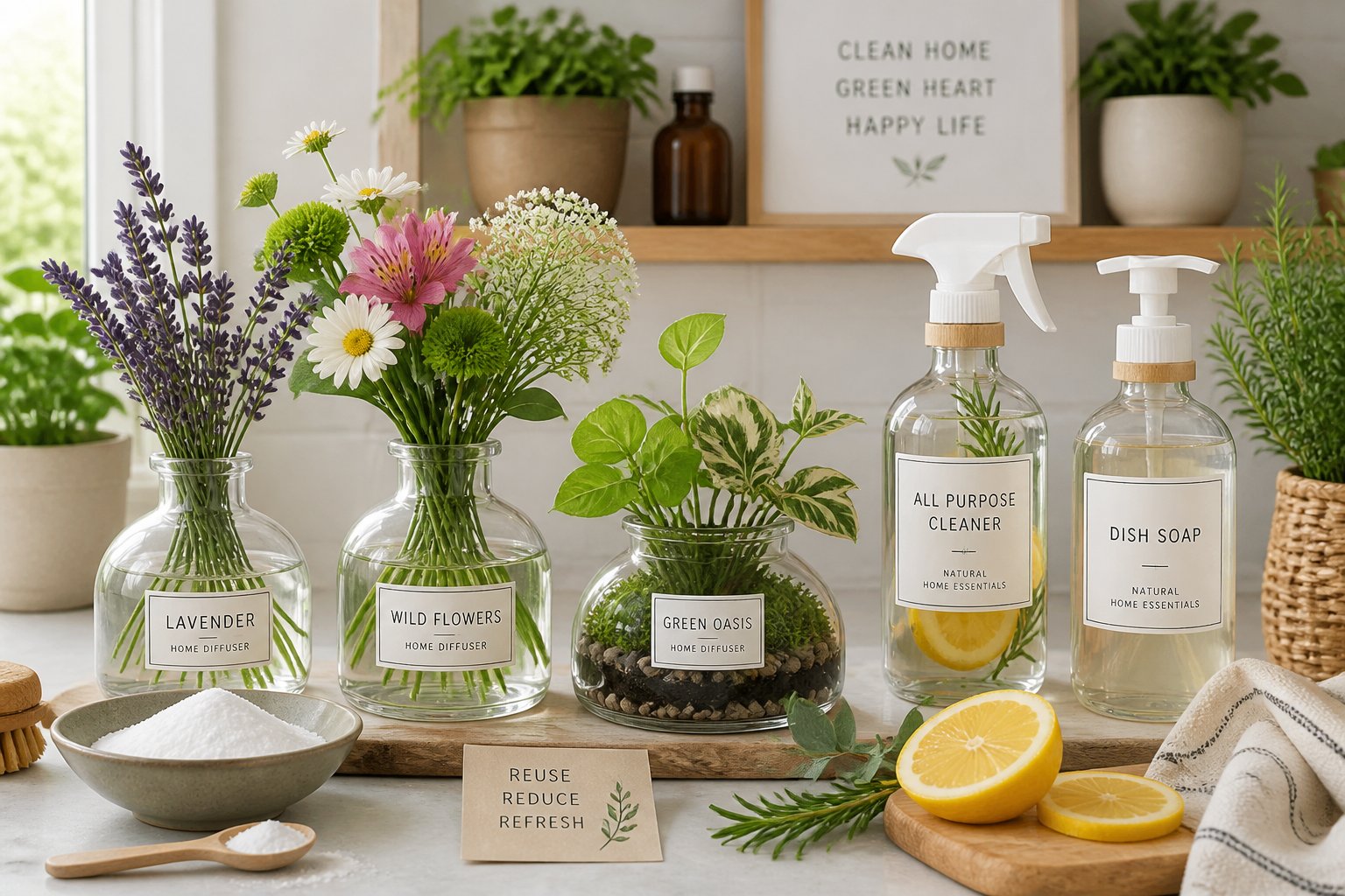 Empty glass diffuser bottles repurposed as flower vases and plant containers on a kitchen countertop with natural cleaning ingredients nearby.