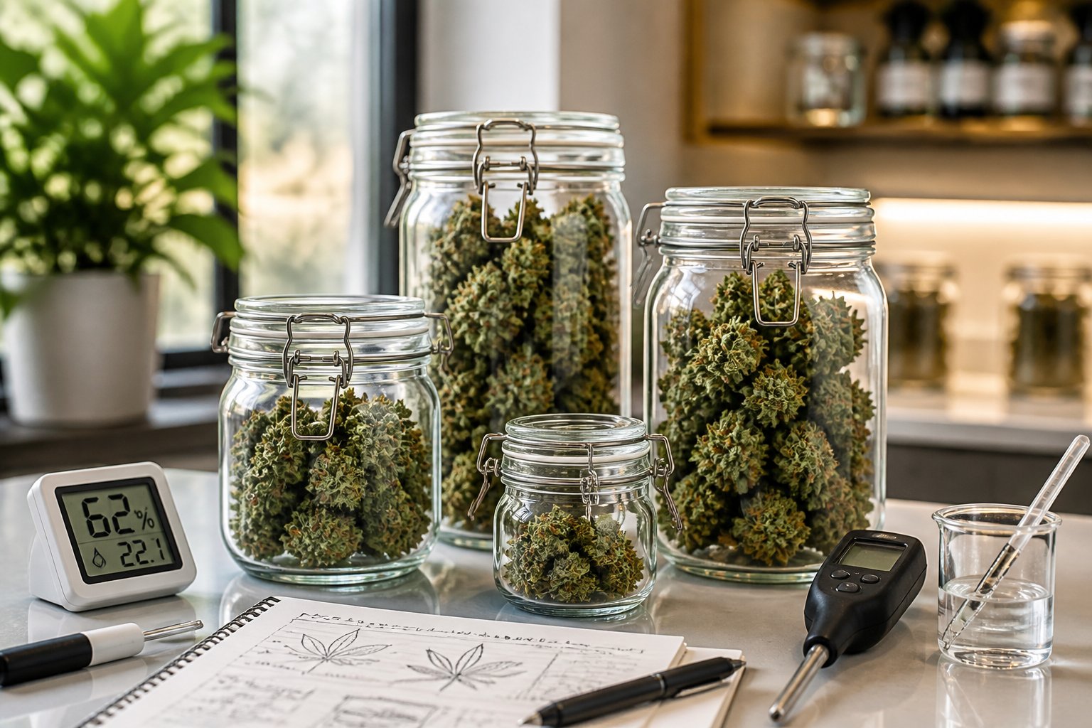 Clear glass jars filled with green cannabis buds on a countertop, accompanied by scientific tools like a hygrometer and a notebook.