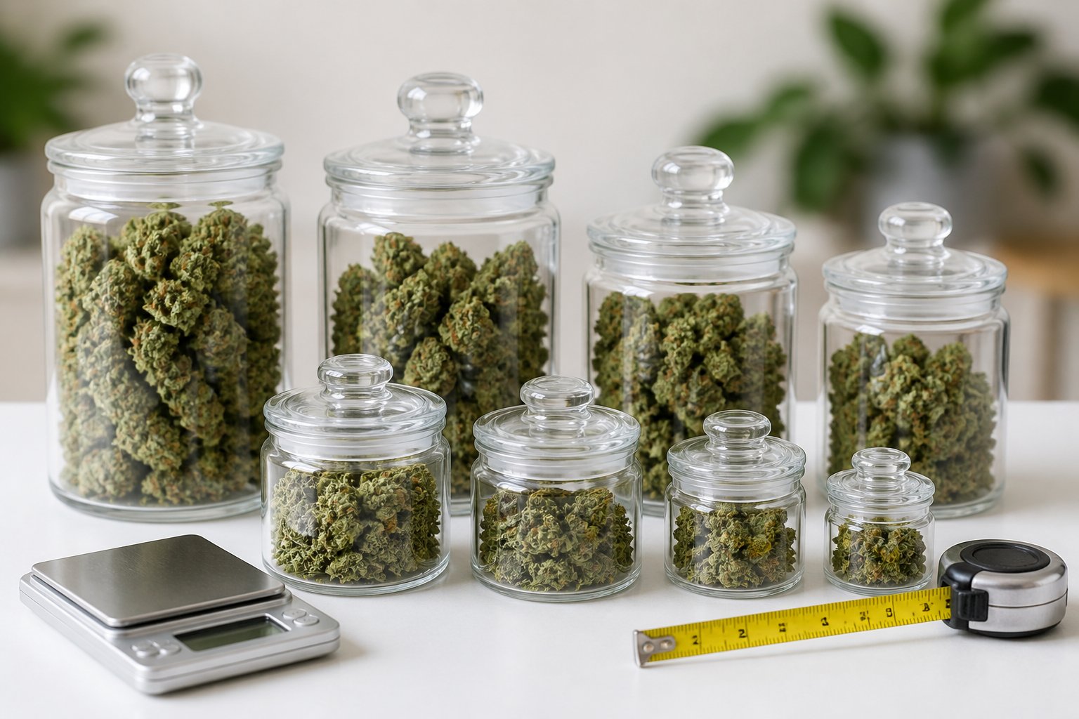 Several clear glass jars filled with green cannabis buds in different sizes arranged on a white surface with measuring tools nearby.