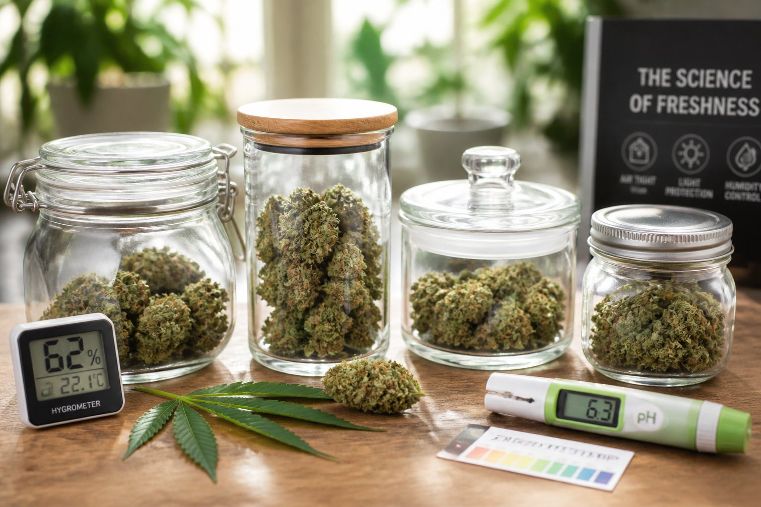 Close-up of glass cannabis storage jars with fresh cannabis buds, a digital hygrometer, and cannabis leaves on a wooden surface.