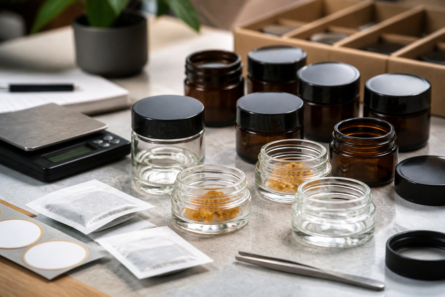 Close-up of various small glass jars with airtight lids arranged on a clean workspace with packaging materials nearby.