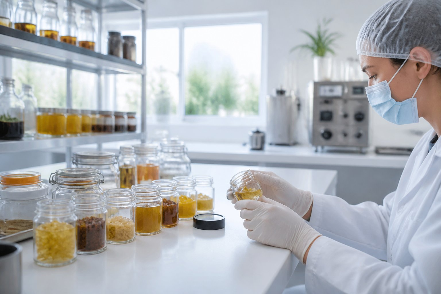 A technician in gloves handling glass jars filled with colorful concentrates on a clean laboratory countertop with shelves of jars in the background.