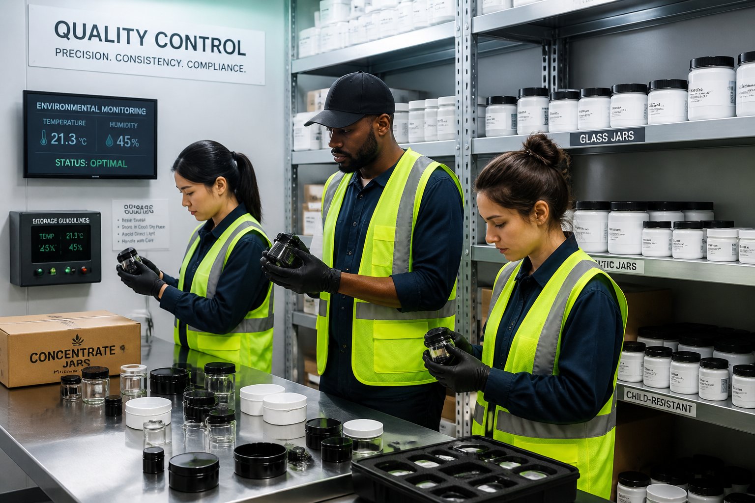 Workers inspecting concentrate jars in a clean, organized warehouse focused on quality control and storage.