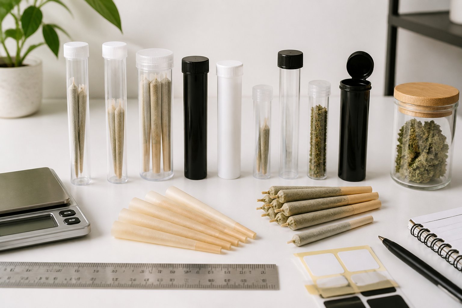 A workspace displaying various pre-roll tubes and cones of different sizes arranged neatly with measuring tools on a white surface.