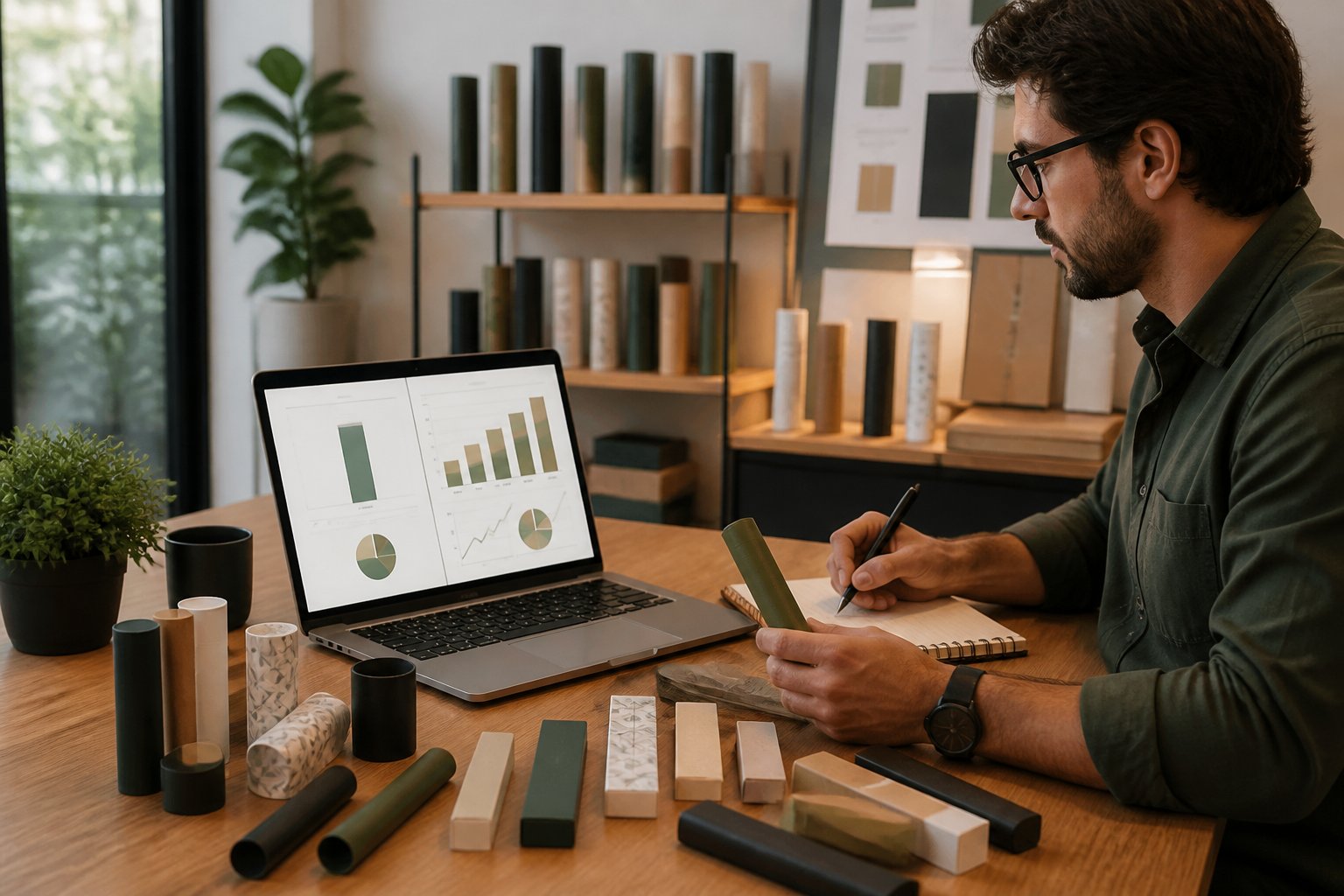 A business professional at a desk reviewing pre-roll tube packaging samples and sales charts in a bright office.