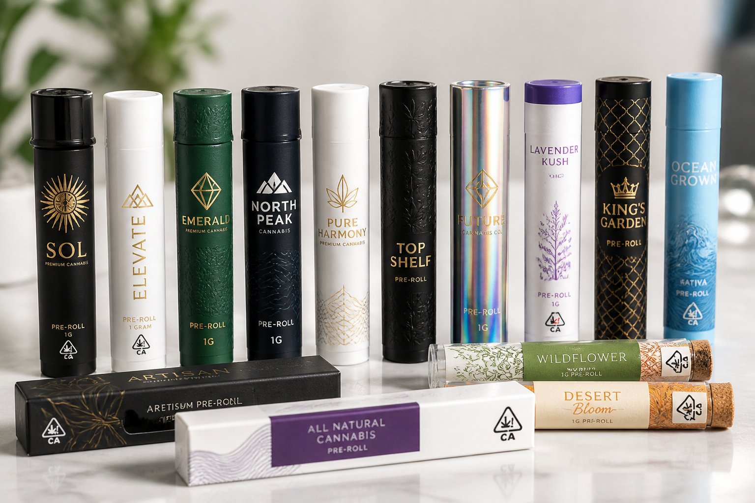 A variety of pre-roll tubes and packaging with different colors, textures, and branding details arranged on a clean surface.
