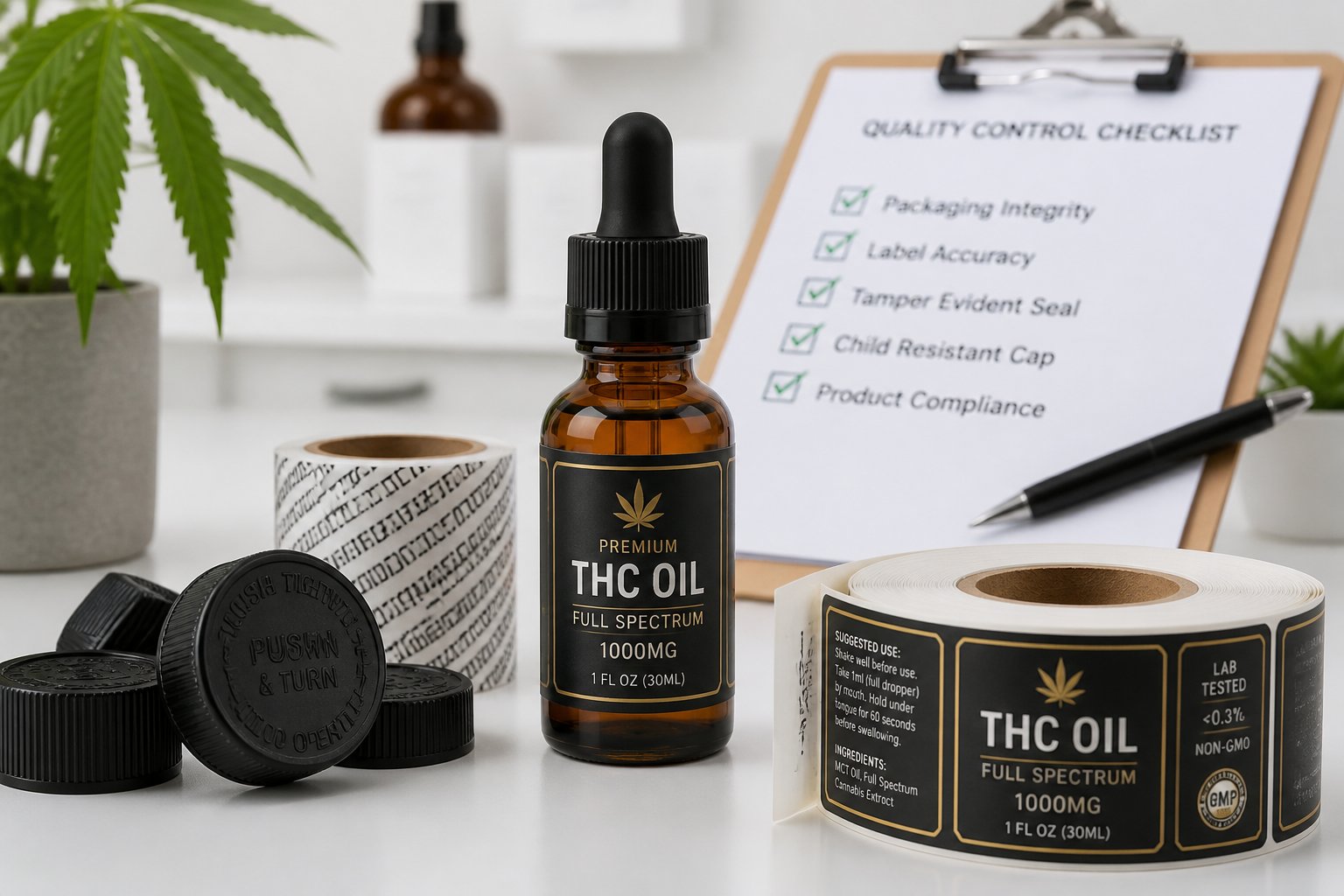 Close-up of a THC oil bottle with packaging components on a white surface and blurred cannabis leaves in the background.